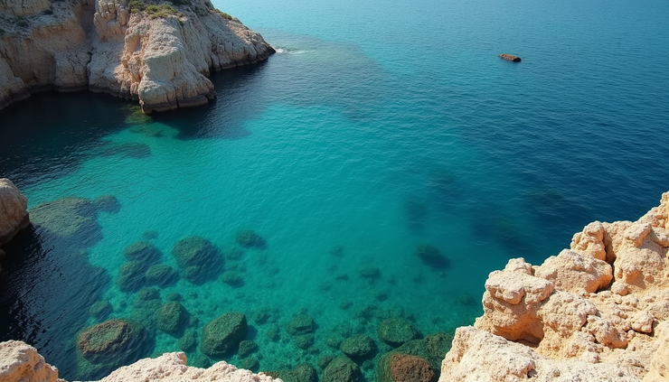 High angle view of turquoise sea and rocky coastline in Turkey’s Mediterranean region