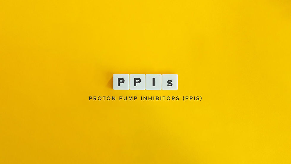 White tiles spelling ‘PPIs’ on a bright yellow background, with the words ‘Proton Pump Inhibitors (PPIs)’ underneath