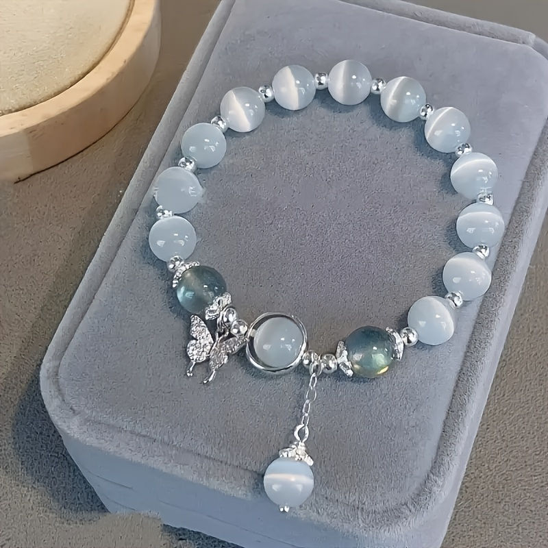 Miniatura: Dainty Blue Cats Eye Beaded Bracelet, Cute Butterfly Charm Elastic Hand Chain, M