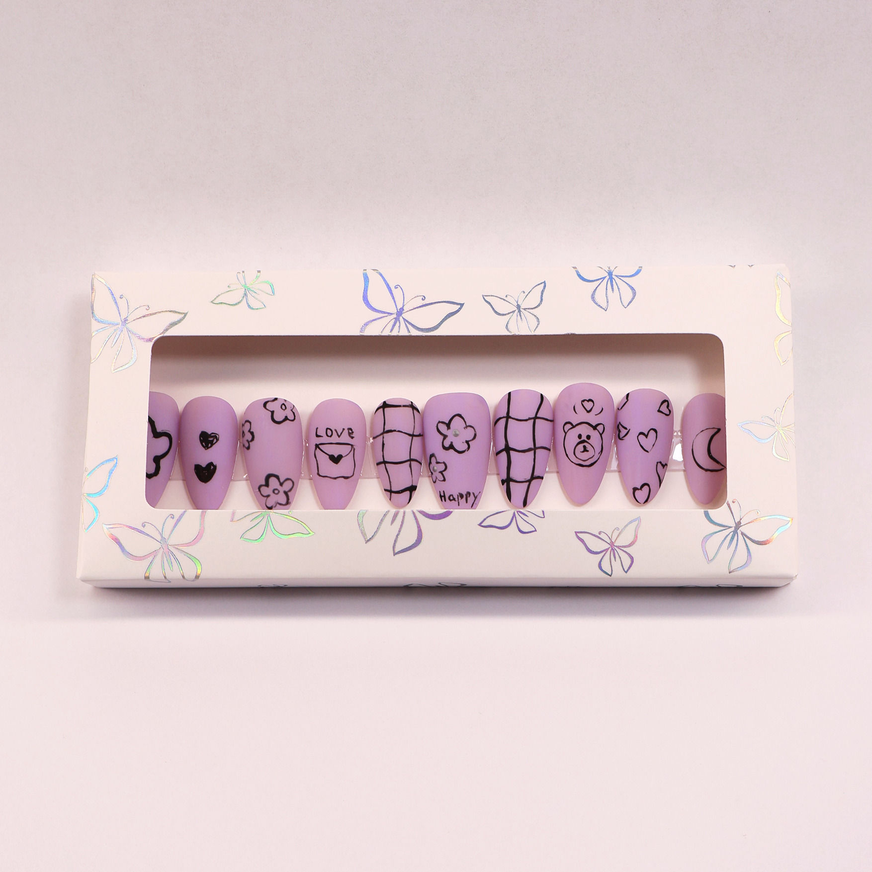 Pastel Purple Doodle Press-On Nail Set