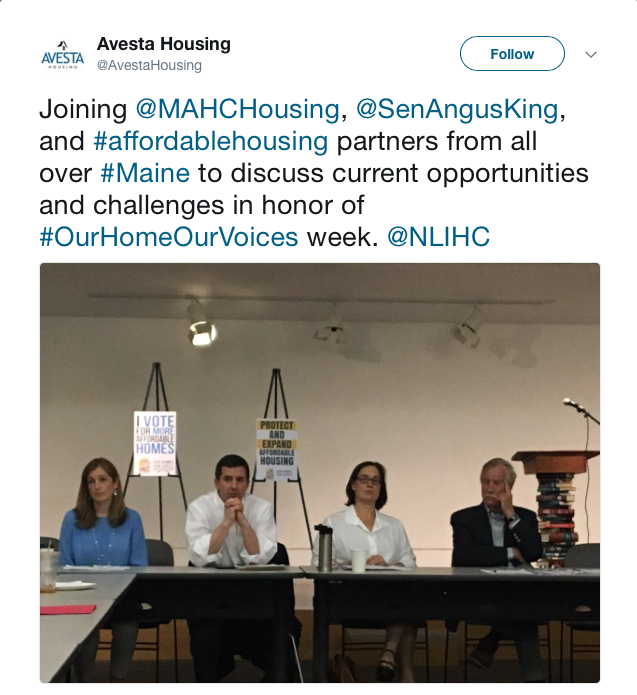 Joining @MAHCHousing, @SenAngusKing, and #affordablehousing partners from all over #Maine to discuss current opportunities and challenges in honor of #OurHomeOurVoices week. @NLIHC