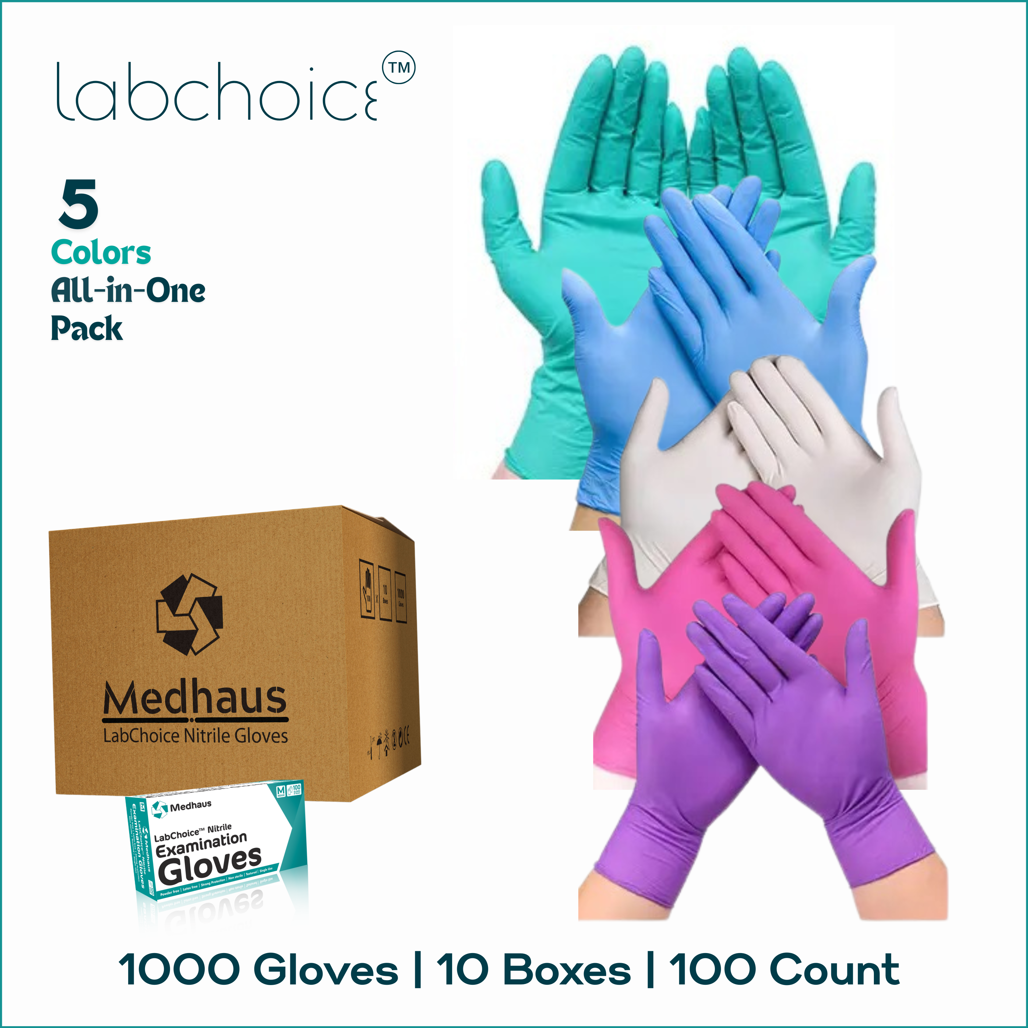 Medhaus | Powder-free - Latex-free - Nitrile gloves - 5 colors all-in-one variety pack