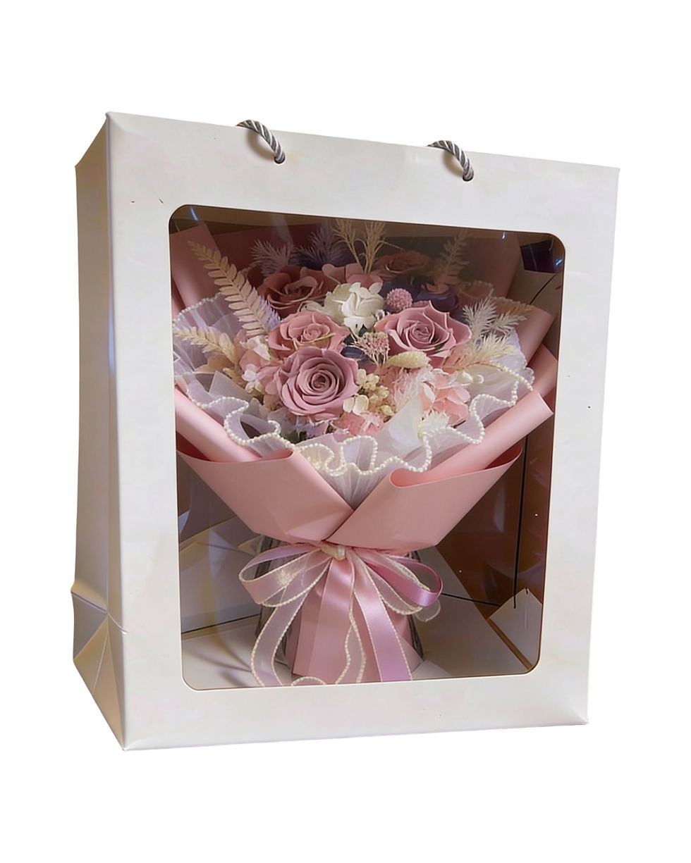 Large pink preserved flower bouquet in premium display box