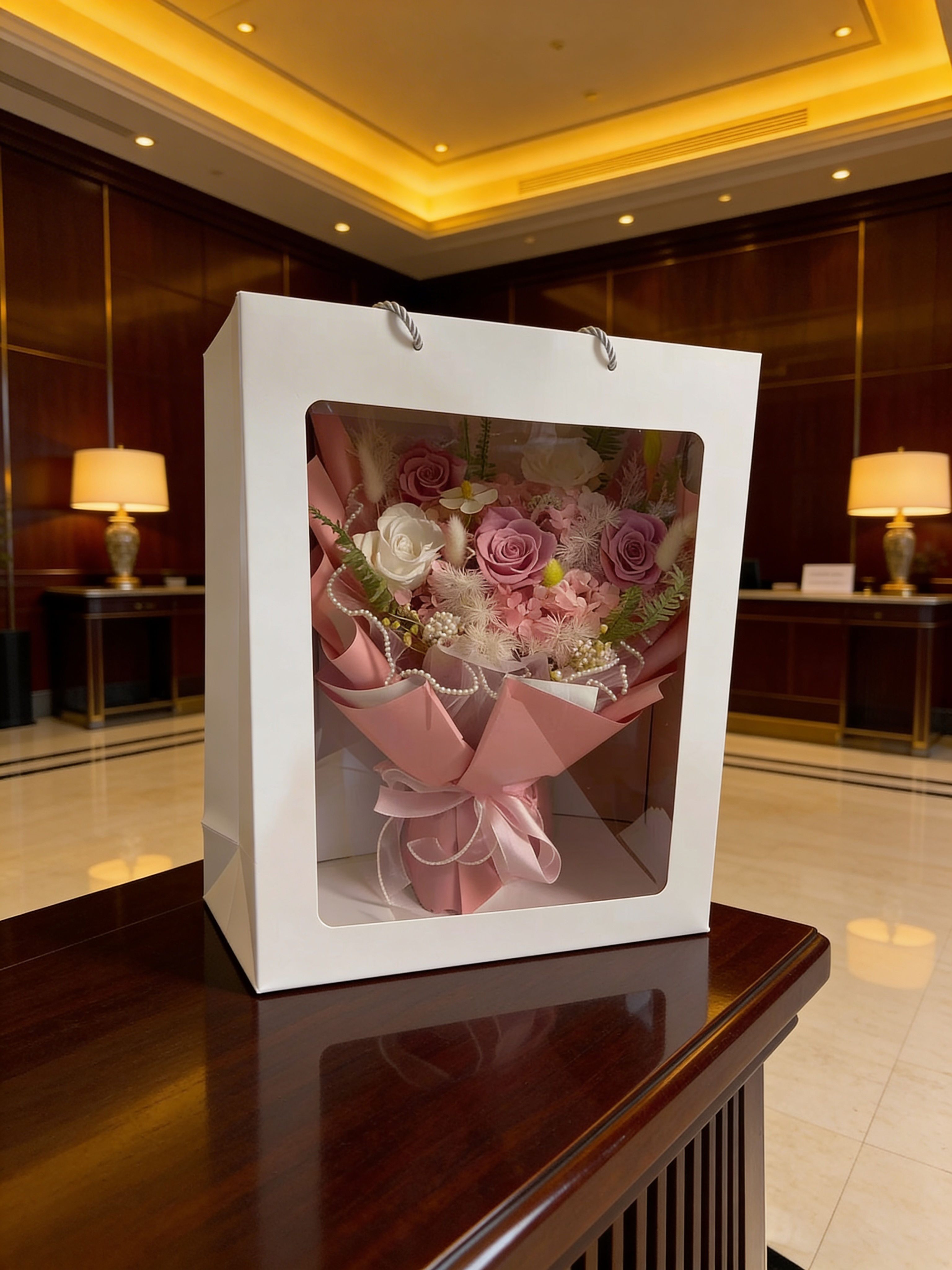 Big Bouquet Pink preserved rose arrangement in large window gift box