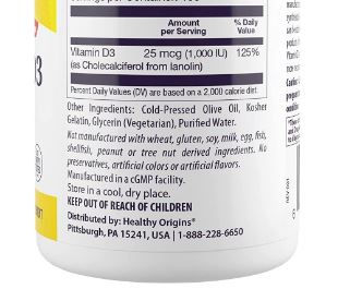 Miniatura: Vitamina D3 1000 IU 25 Mcg. x 360 Cápsulas Blandas - Healthy Origins