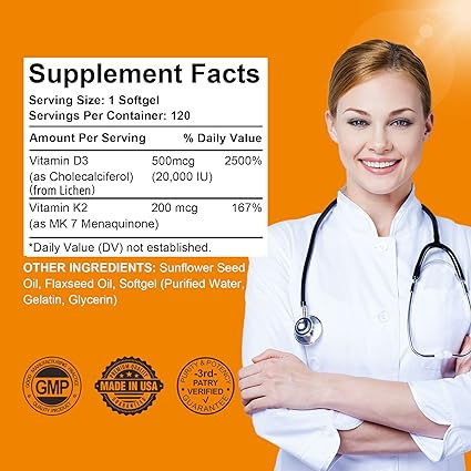 Miniatura: Vitamina D3 200 Mcg. + K2 (MK-7) 20.000 IU x 120 Cápsulas Blandas - NextDia