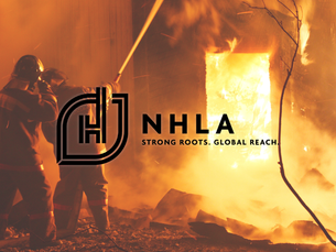 nhla strong roots global reach logo on top of an image of a business on fire with two firefighters working to put out the flames