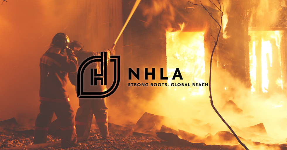 nhla strong roots global reach logo on top of an image of a business on fire with two firefighters working to put out the flames