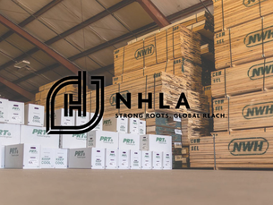 nhla strong roots. global reach. logo on top of an image of NWH stacked lumber next to boxes of alder tree saplings