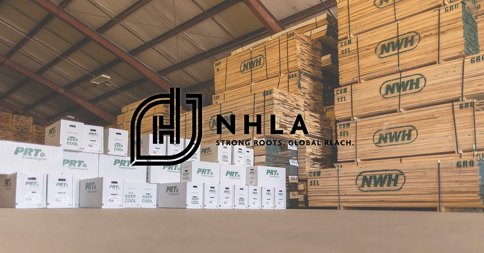 nhla strong roots. global reach. logo on top of an image of NWH stacked lumber next to boxes of alder tree saplings