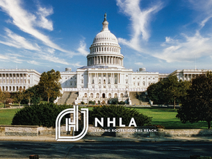 background image of U.S Capitol building in Washington D.C. with the nhla strong roots global reach logo centered in the bottom of image