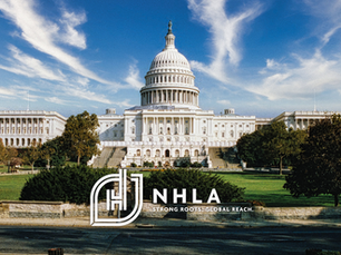 background image of U.S Capitol building in Washington D.C. with the nhla strong roots global reach logo centered in the bottom of image