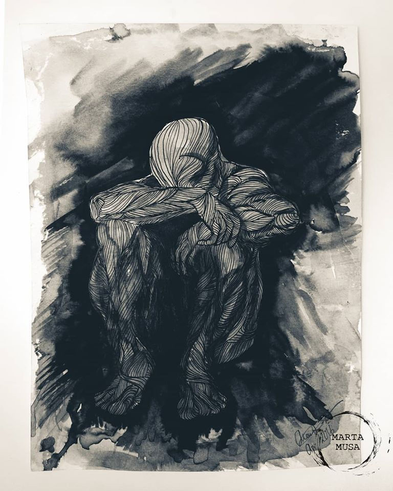 Contour line drawing of a man crouching in despair surrounded by a pool of black ink