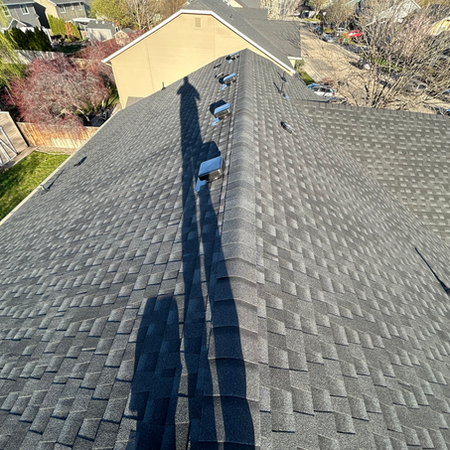 A standard front-facing photograph taken from the street level of a two-story residential home with beige siding and a light grey stone facade. A clean, newly installed, dark charcoal-grey architectural shingle roof is sharply visible against a clear blue sky.