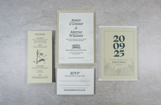 Eco-conscious Forest Leaves invitation suite and Save the Date, printed on a range of white and sage green card stocks, styled on a grey concrete background