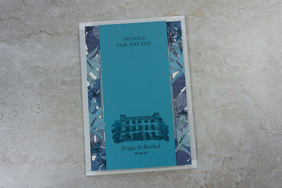 Eco-conscious Botanical Jewels invitation and details card, printed on a range of white and blue card stocks, styled on a grey concrete background