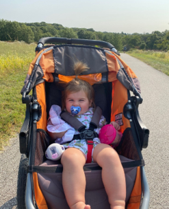 Young child in stroller with a pacifier on path with background.