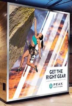 Woman rock climbing with text: Get the Right Gear. Peak Outdoor Gear background.