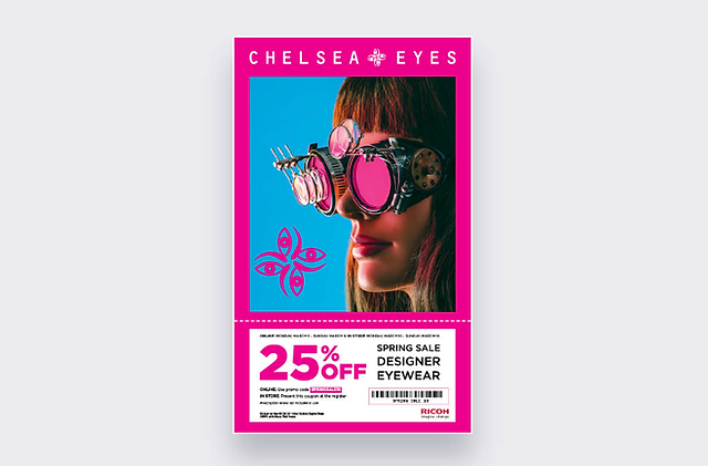 Chelsea + Eyes ad with 25% off designer eyewear Spring Sale.