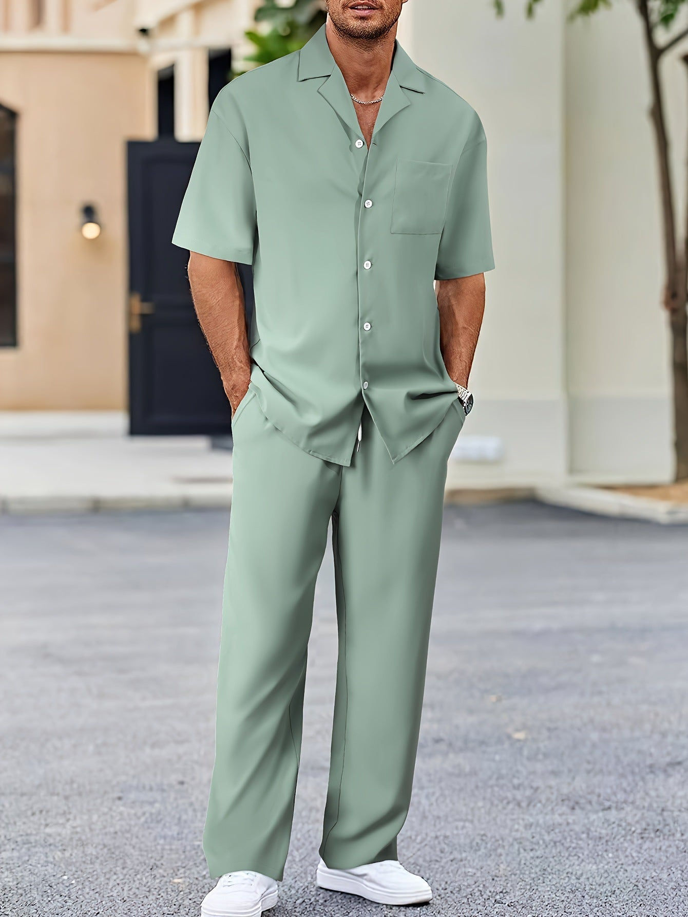 Casual Polyester Shirt Set with Button Front and Drawstring Pants