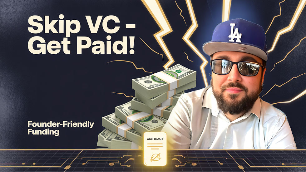 Man in sunglasses and cap with a stack of cash, lightning bolts, and a glowing contract. Text: "Skip VC - Get Paid! Founder-Friendly Funding."