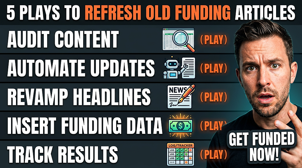 Promo graphic with a shocked man and text: 5 plays to refresh old funding articles—audit content, automate updates, revamp headlines.