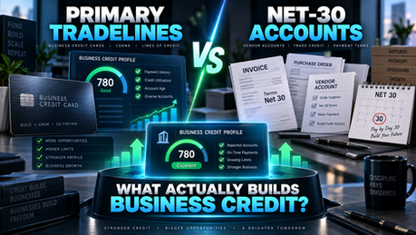 Blue infographic comparing primary tradelines vs Net-30 accounts, showing 780 credit score panels and What actually builds business credit?