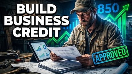 Man in a cap reviews documents at a desk with tools, next to a tablet showing charts. Text: "Build Business Credit", "850", "Approved". Green graph.