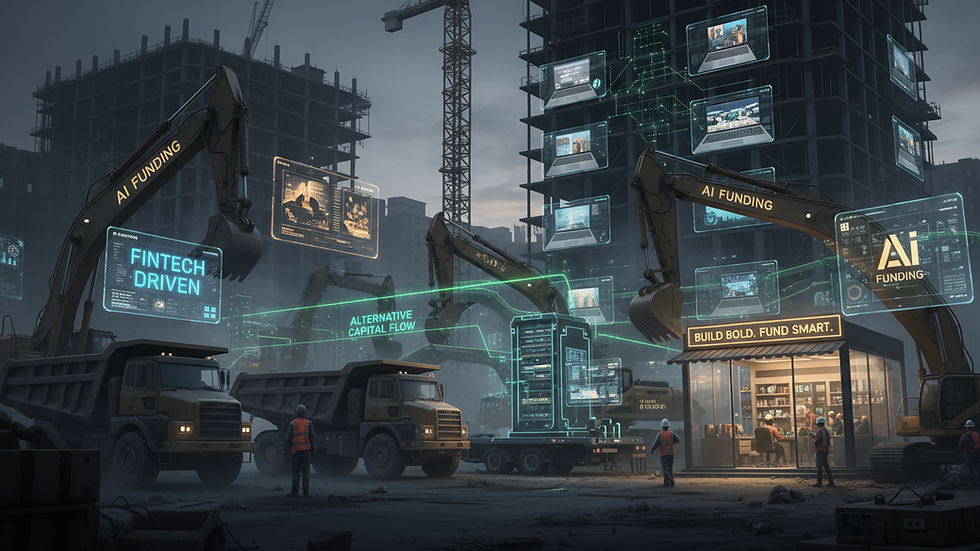 Eye-level view of a busy construction site with trucks and equipment