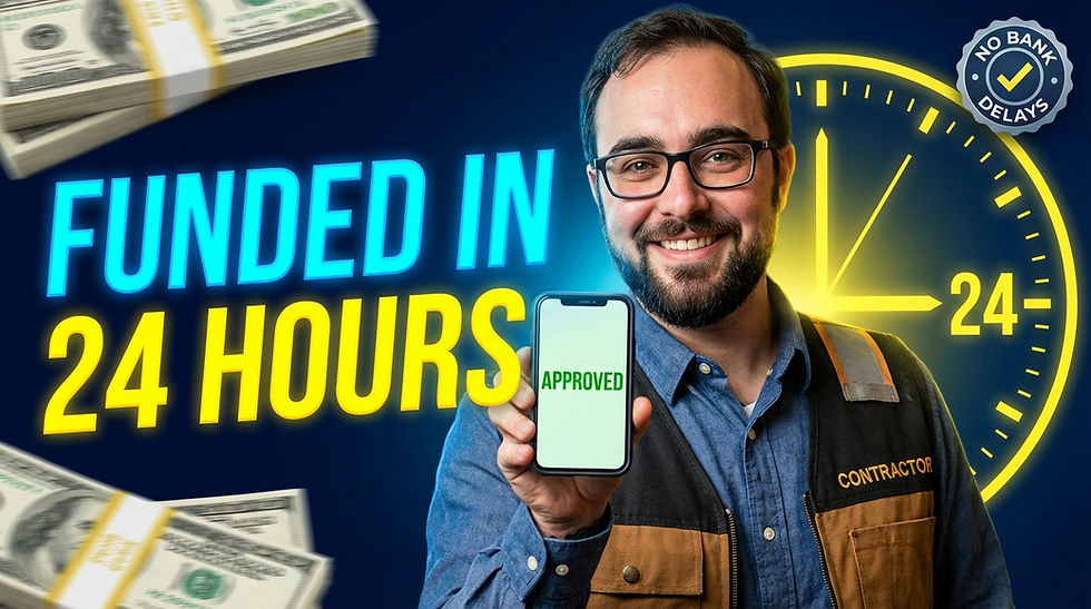 Man smiling, holding phone with "APPROVED." Background shows clock, cash stacks, and "FUNDED IN 24 HOURS." Badge says "NO BANK DELAYS."