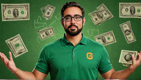 Founder & CEO of Moonshine Capital, Jason Feimster, stands confidently as cartoon money flies around against a green background. Chalk drawings are visible.
