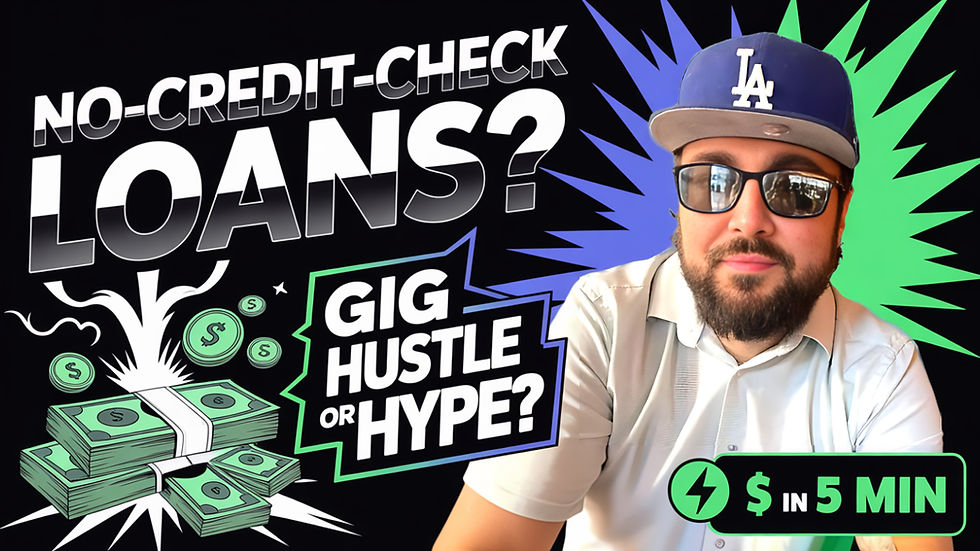 Man in sunglasses and cap, with text: "No-Credit-Check Loans?" and "Gig Hustle or Hype?" Bright, bold graphics, money stacks, and dollar sign.