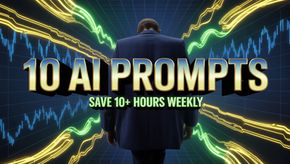 A person in a suit faces neon graphs on a grid background. Text reads "10 AI PROMPTS" and "SAVE 10+ HOURS WEEKLY" in bold letters.
