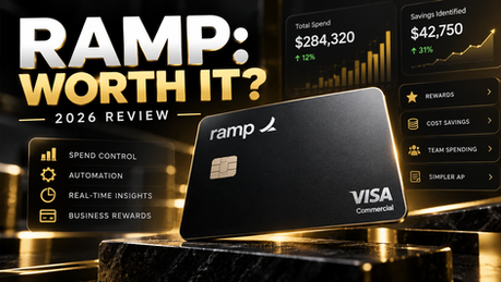 Ramp Card Review 2026 featured image showing a matte-black Ramp corporate card and the question Ramp: Worth It?