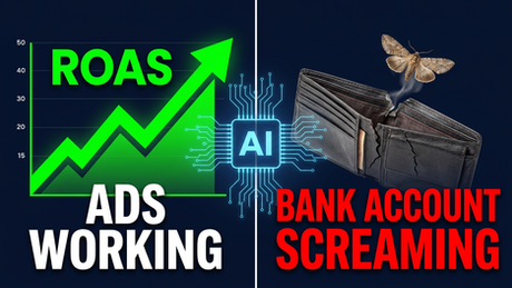 Split graphic showing ROAS rising with ADS WORKING and a glowing AI chip beside a broken wallet, BANK ACCOUNT SCREAMING in red