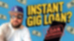 Man in sunglasses and blue cap on left, comic-style blue background. Text reads "INSTANT GIG LOAN?" with "LOAN APPROVED" stamp on phone.