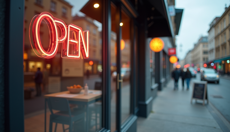 Eye-level view of a small business storefront with a "Open for Business" sign