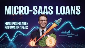 Man in a suit smiling with text: "MICRO-SAAS LOANS," "FUND PROFITABLE SOFTWARE DEALS." Background shows graphs, a rocket, and dollar symbols.
