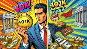 A vibrant pop art-style thumbnail illustrating 401(k) Business Financing with Uplyft Capital. The image features a determined entrepreneur holding a golden 401(k) coin, symbolizing the Rollover for Business Startups (ROBS) program. The background splits into two contrasting scenes: one side depicts financial struggle with unpaid bills, while the other showcases a thriving business with cash flow and success. Bold comic-style text reads "401K Business Hack!" in an explosive pop art effect, emphasizing the power of using retirement funds to launch a business.