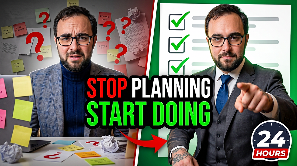 Man in front of cluttered notes looks puzzled on left; same man confidently pointing with checklist on right. Text: "STOP PLANNING START DOING".