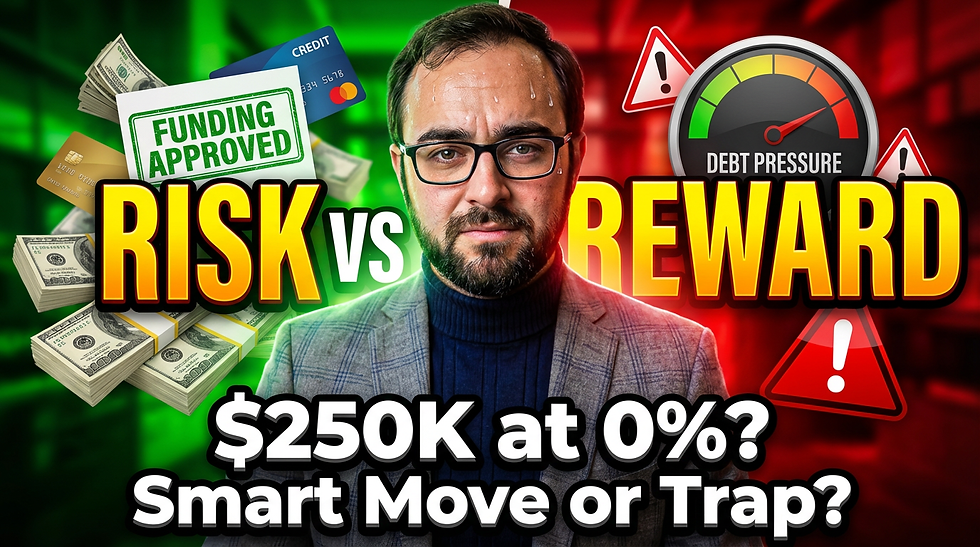 Man sweating in a suit, surrounded by stacks of cash, credit cards, and warning signs. Text: "RISK vs REWARD," "$250K at 0%? Smart Move or Trap?"