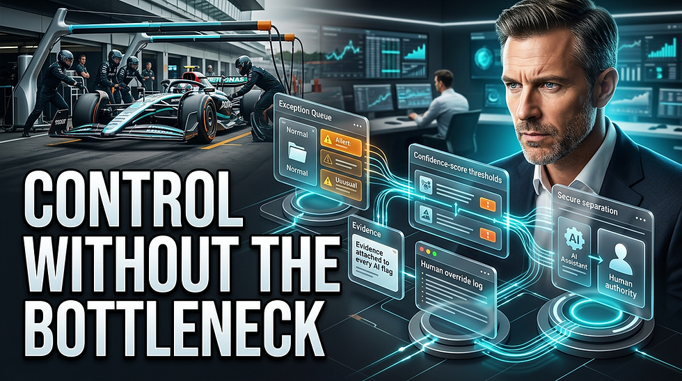 F1 pit crew and suited executive in high-tech control room with AI dashboards; bold text reads CONTROL WITHOUT THE BOTTLENECK