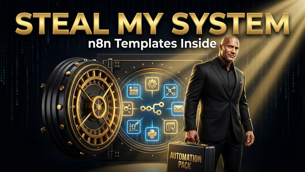 Man in a suit holds "Automation Pack" briefcase next to a large vault door with icons. Text reads: "STEAL MY SYSTEM, n8n Templates Inside."