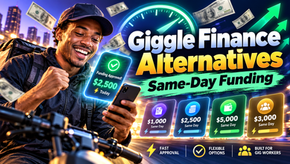 Smiling gig worker on bike checks phone amid floating cash and funding cards; ad reads Giggle Finance Alternatives, Same-Day Funding