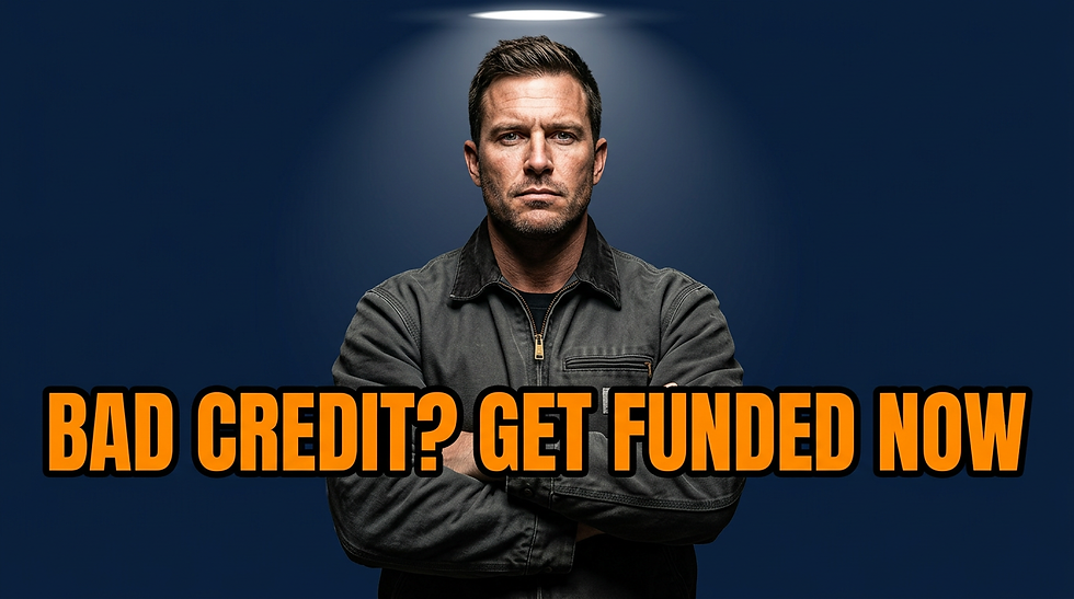 Serious man with folded arms under spotlight on dark blue background, overlaid with orange text: BAD CREDIT? GET FUNDED NOW