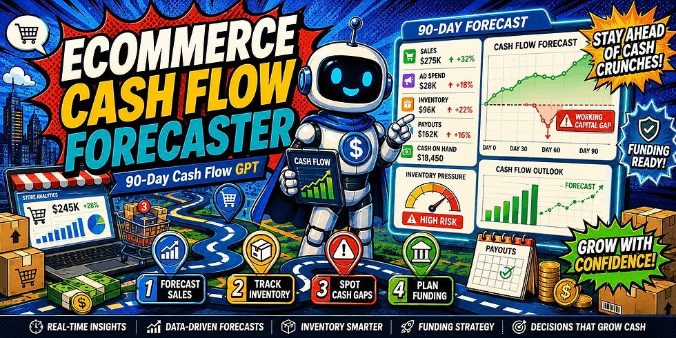 Comic-style ecommerce cash flow dashboard with robot, charts, boxes, and bold text: 90-Day Forecast, Stay Ahead of Cash Crunches.