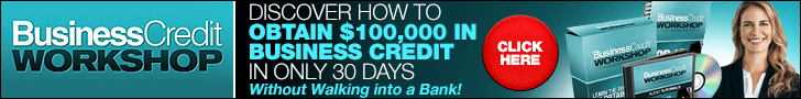 Business Credit Workshop banner. Text: Obtain $100,000 in business credit in 30 days. Click here button. Woman smiling, blue background.