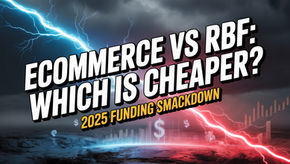 Lightning clashes over text: "Ecommerce vs RBF: Which is Cheaper? 2025 Funding Smackdown." Moody sky with red and blue tones.