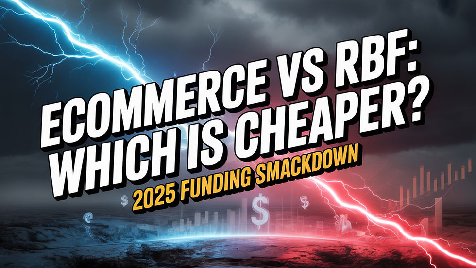 Lightning clashes over text: "Ecommerce vs RBF: Which is Cheaper? 2025 Funding Smackdown." Moody sky with red and blue tones.