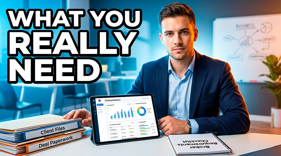 Businessman in blue suit sits at desk with tablet displaying charts. Folders and notes labeled "Client Files" and "Broker Requirements" visible. Text: What You Really Need.